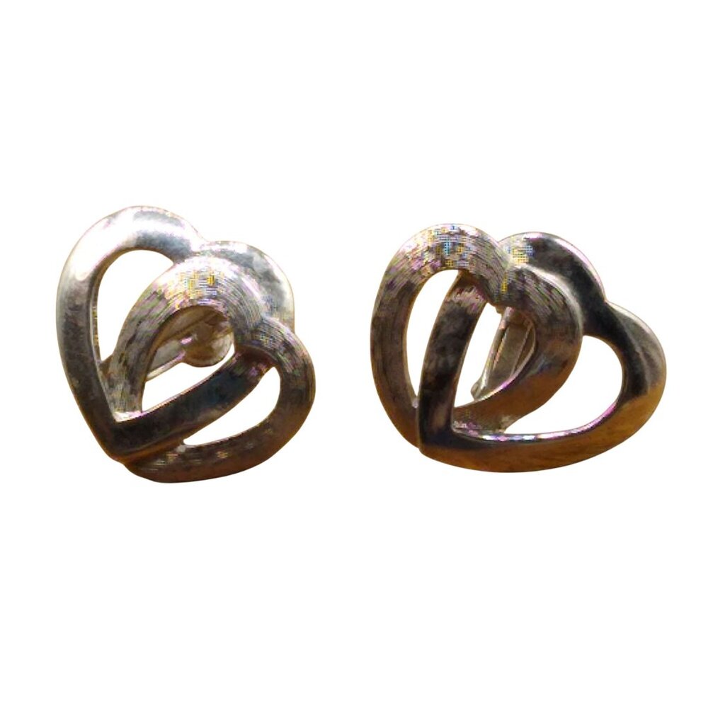 Vintage Entwined Hearts Earrings, Silver Tone Brushed and Polished Double Open
